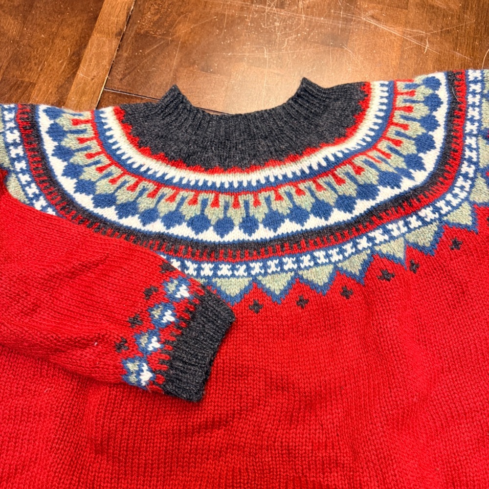 Eddie Bauer Fair Isle Sweater Womens XXL Red 100% Wool Nordic Crewneck Pullover
